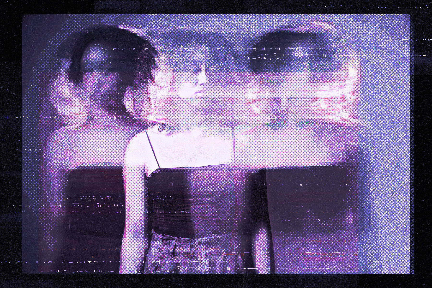 A digitally manipulated portrait of a young woman with short curly hair in a dark tank top, shown in three ghostly exposures side by side.