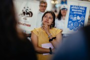 Yessenia Ruano stands amongst friends, family, and immigration supporters during a press conference at Milwaukee Mitchell International Airport before departing for El Salvador on June 17, 2025, in Milwaukee, Wisconsin.
