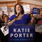 Katie Porter gives a speech at a campaign rally and watch party in Long Beach, California.