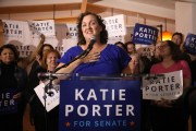 Katie Porter gives a speech at a campaign rally and watch party in Long Beach, California.