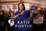 Katie Porter gives a speech at a campaign rally and watch party in Long Beach, California.