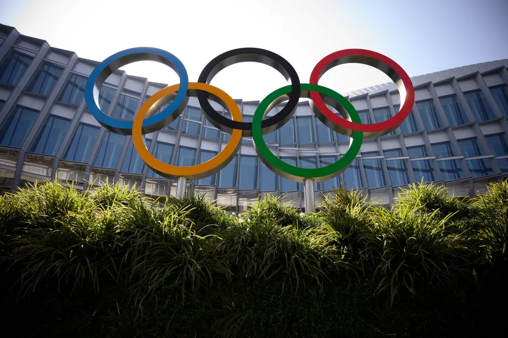 The Olympic Rings logo is pictured in front of the headquarters of the International Olympic Committee.