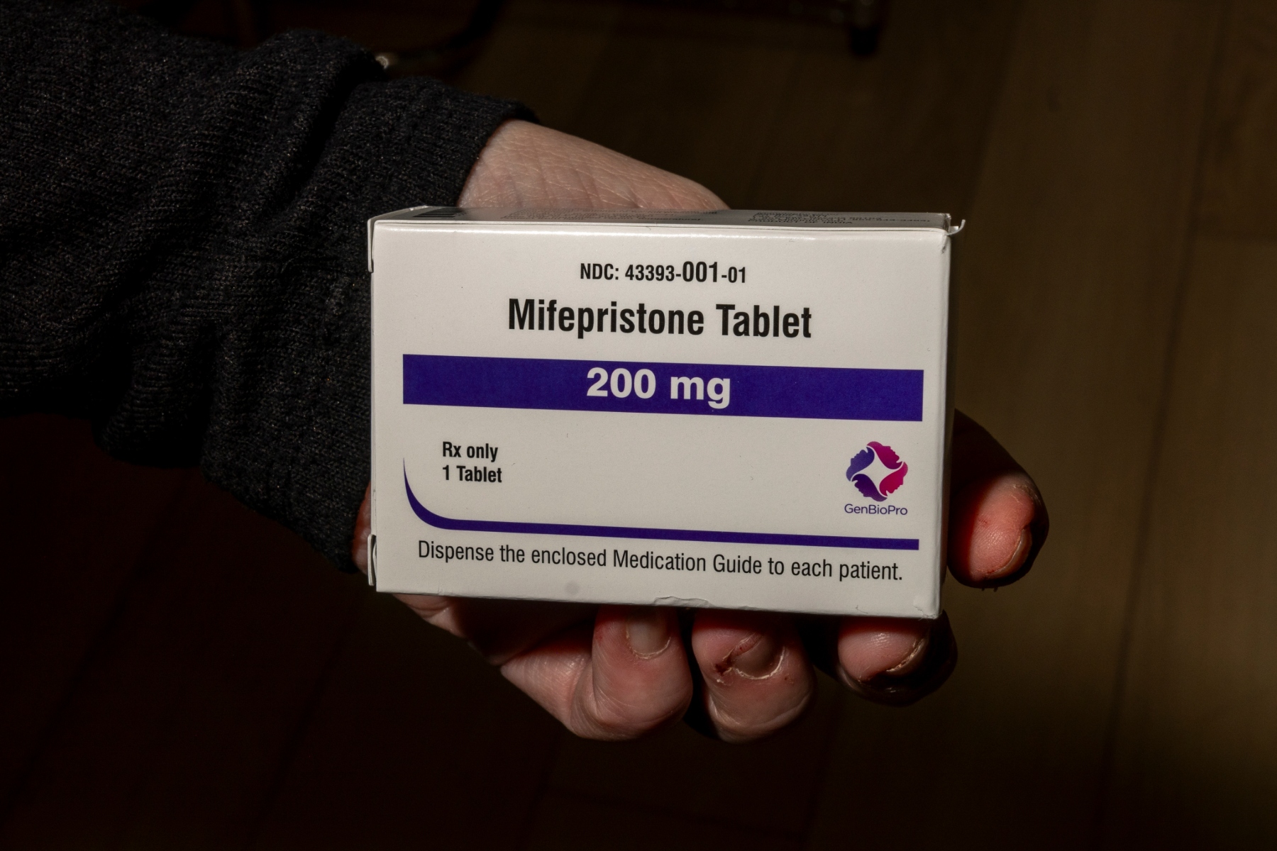 A box of Mifepristone abortion pill tablets.