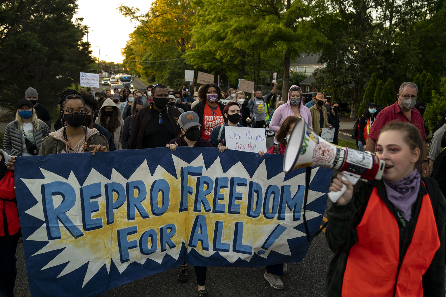 Abortion-rights advocates holding a sign that reads "repro freedom for all!" march in Alexandria, Virginia in May 2022.