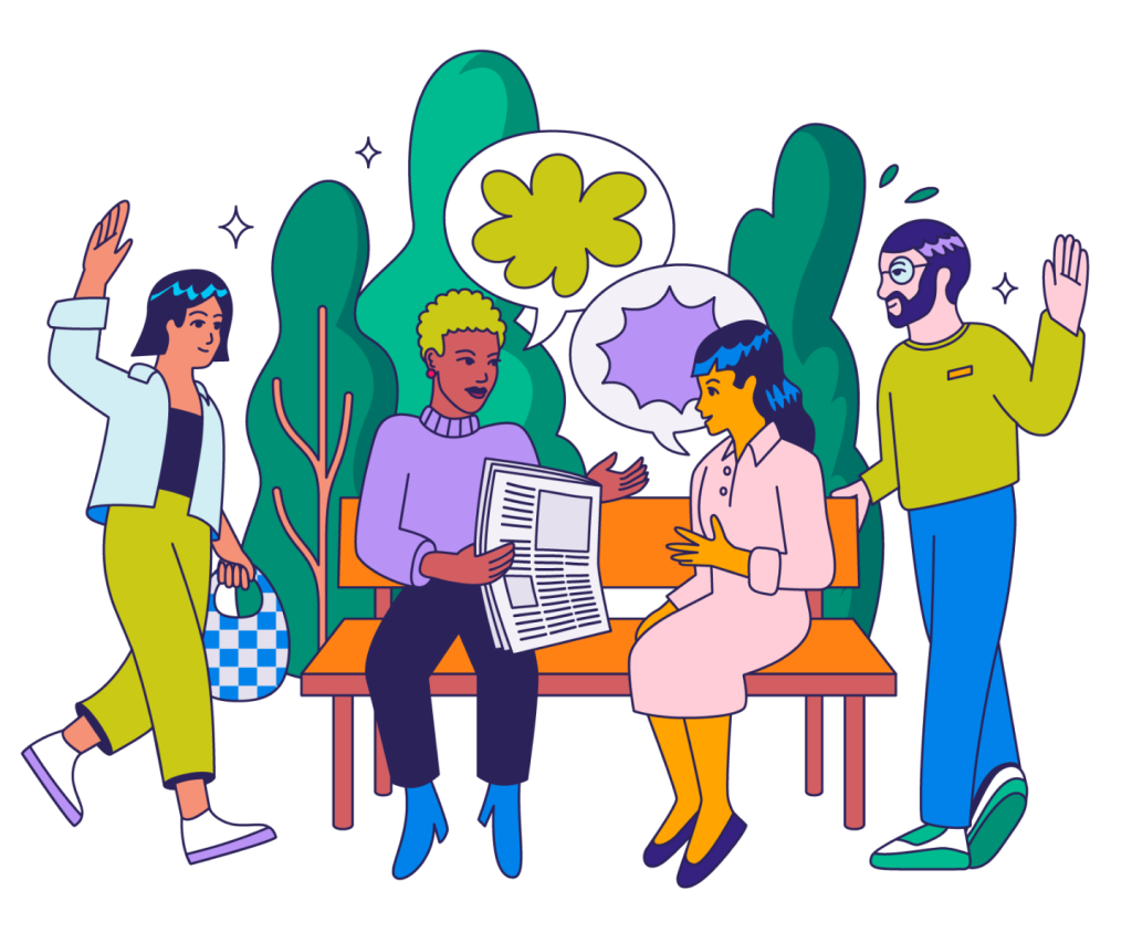 Ilustración de un grupo de personas al aire libre que leen las noticias y entabla una conversación.
