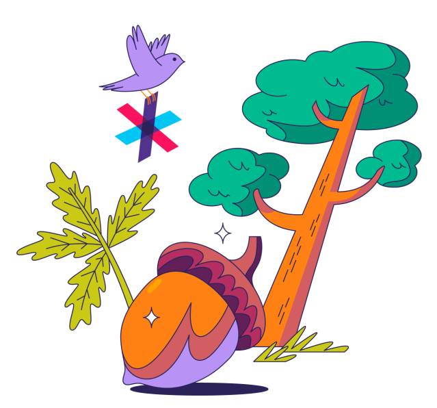 Illustration of a bird in flight carrying The 19th asterisk by a large tree with an acorn in front.