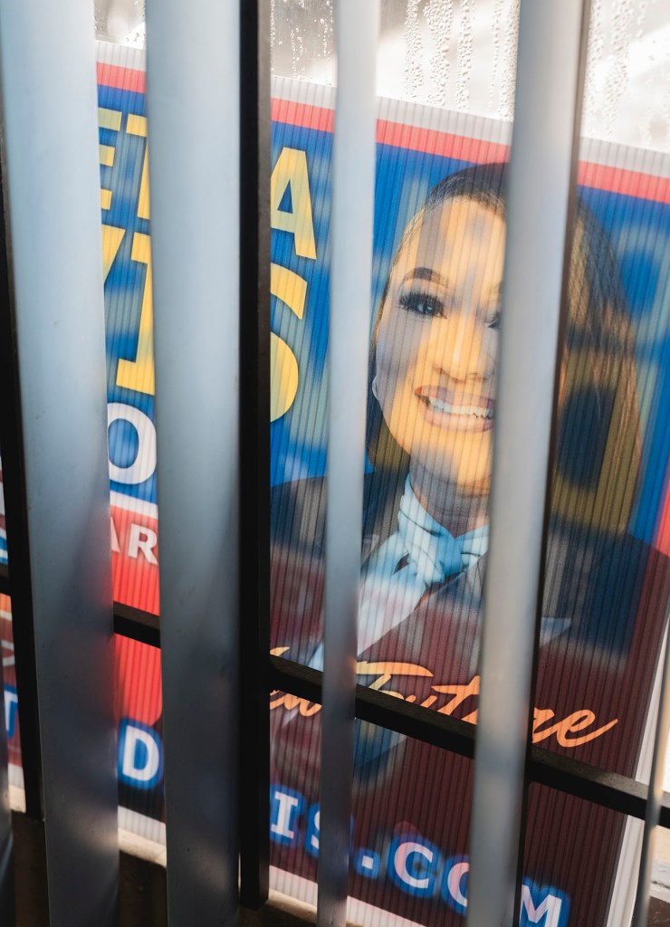 Campaign signage sits in Carletta Davis' office in Prichard, Alabama.