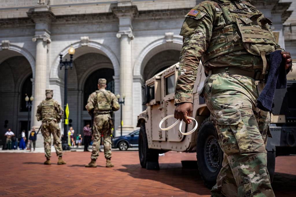 Members of the National Guard patrol at Union Station in Washington, D.C.