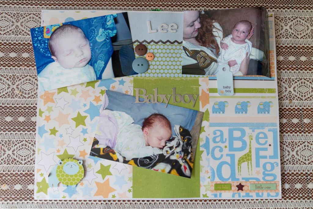 Lee's baby photos displayed in his home.
