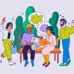 Illustration of a group of people outdoors reading the news and engaging in conversation.