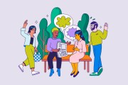 Illustration of a group of people outdoors reading the news and engaging in conversation.
