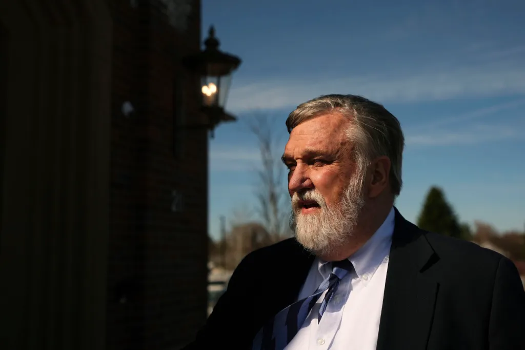 Pastor Doug Wilson stands for a portrait after Sunday services.