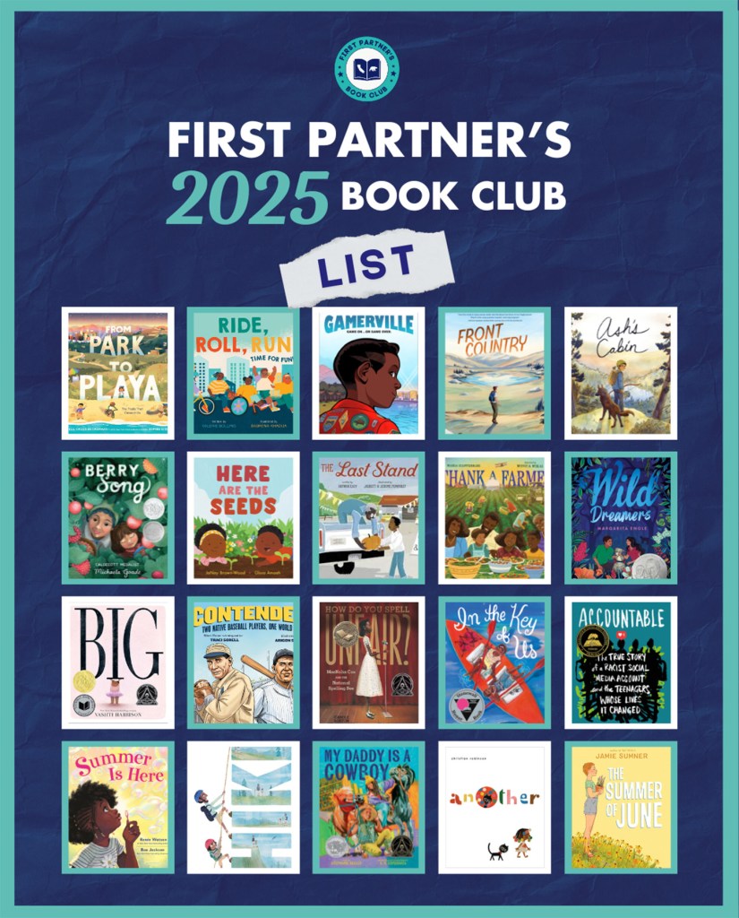 A promotional graphic for the First Partner’s 2025 Book Club List featuring 20 book covers