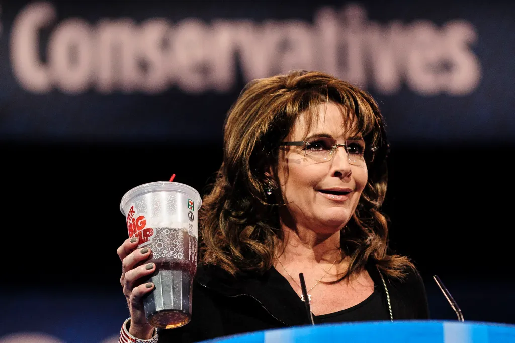 Sarah Palin holds up a large soda as she speaks about New York City Mayor Michael Bloomberg's proposed large soda ban, at the 2013 Conservative Political Action Conference.