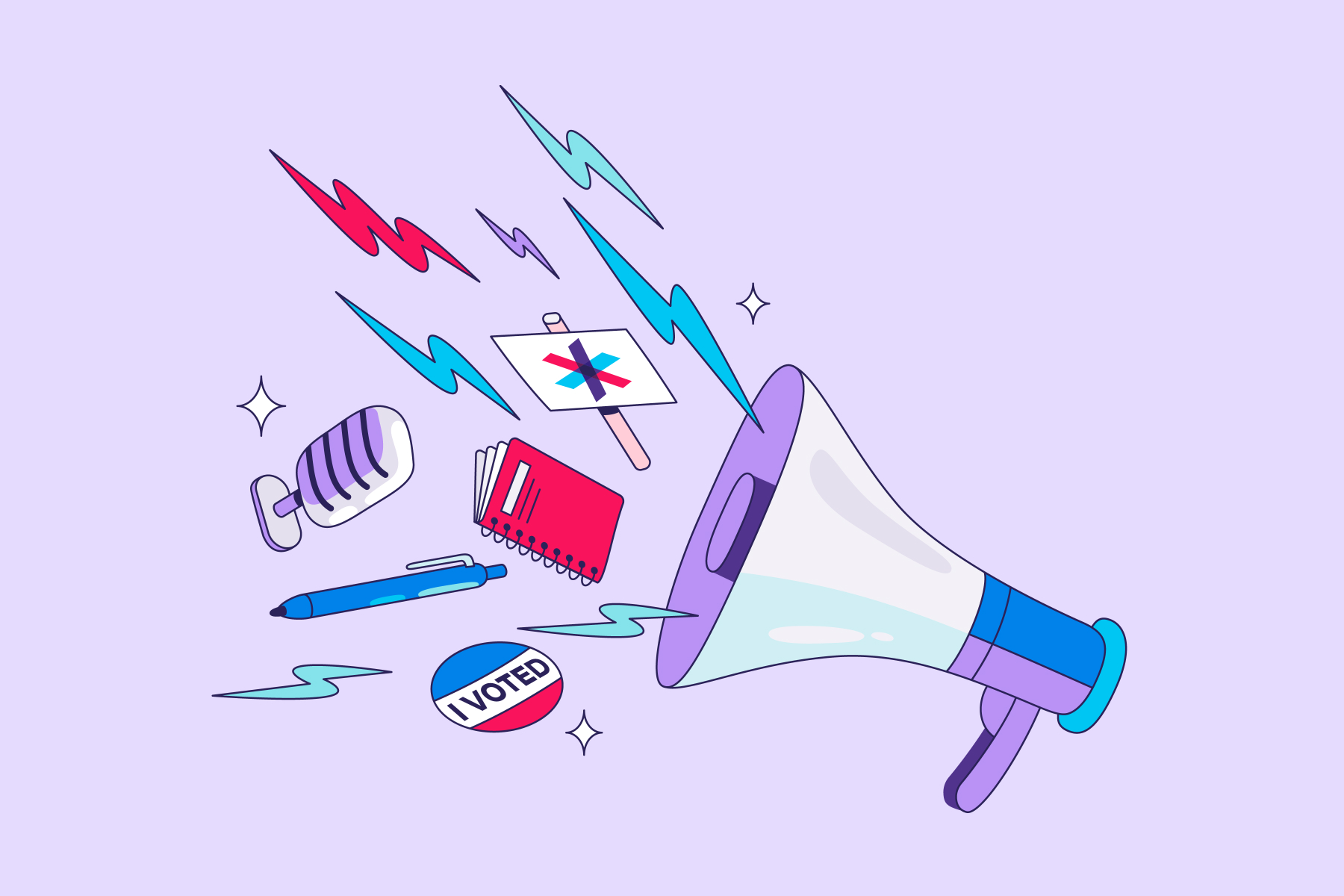Illustration of a notebook, a pen, a microphone, a picket sign and an "I voted" sticker emerging from a large megaphone.