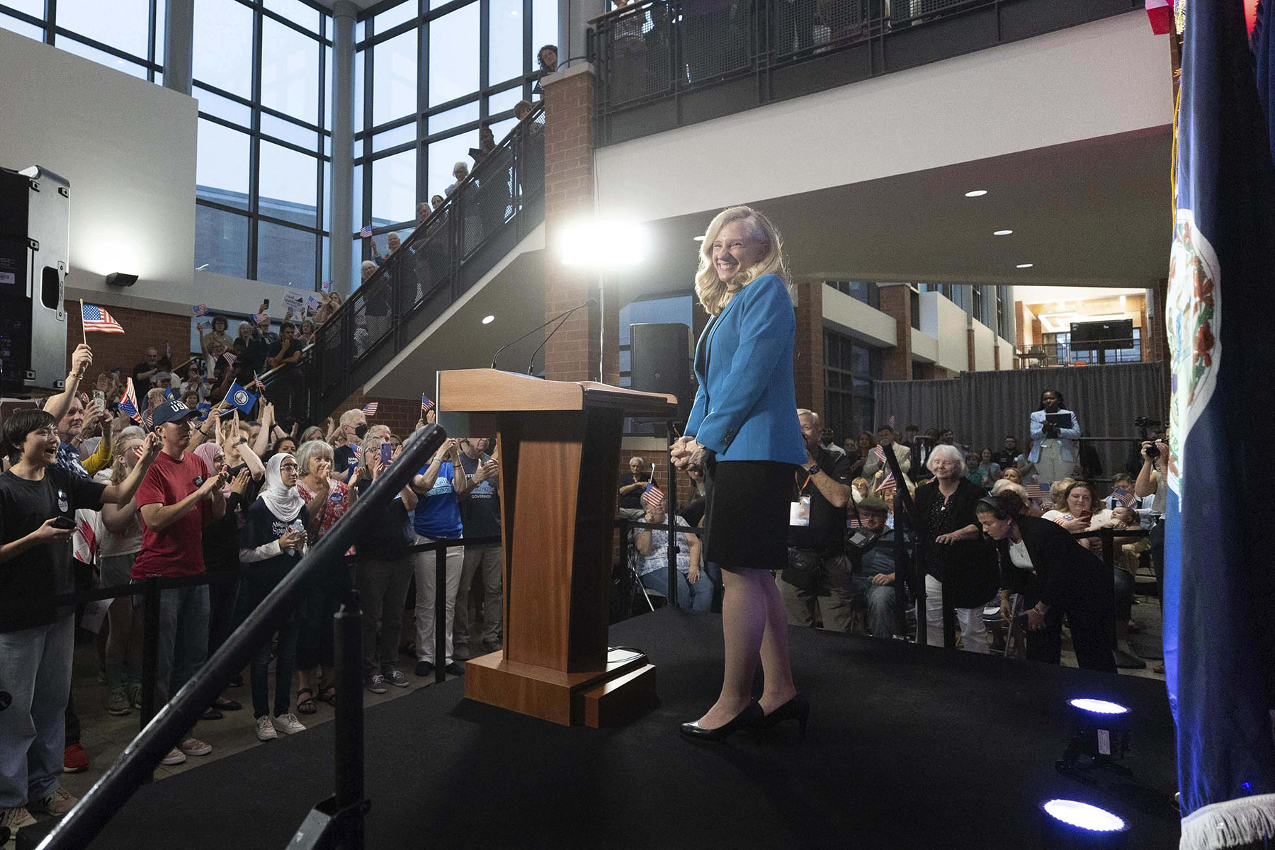 Democratic gubernatorial candidate Abigail Spanberger addresses a crowd at a rally at her alma mater, J.R. Tucker High School, in Henrico, Virginia.