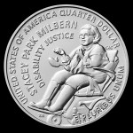 A U.S. quarter featuring Stacey Park Milbern seated in her wheelchair, wearing glasses, with the inscriptions “Stacey Park Milbern,” “Disability Justice,” and “United States of America Quarter Dollar.”