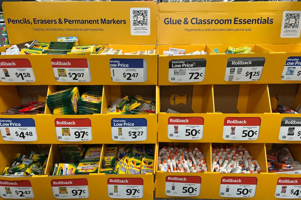 School supplies, pens, erasers, glue and classroom essentials on display