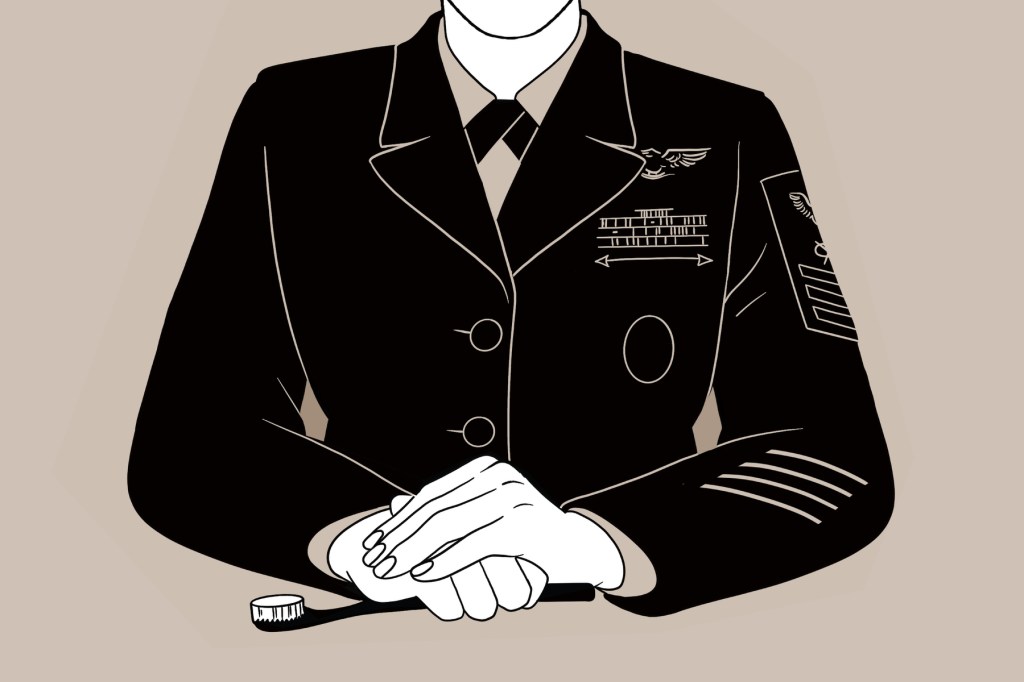 An illustration of a woman in a military uniform holding a toothbrush between her hands.