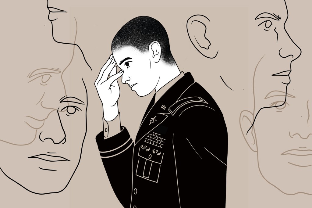 An illustration of a man in a military uniform holding his head in his hands with silhouetted faces in the background.