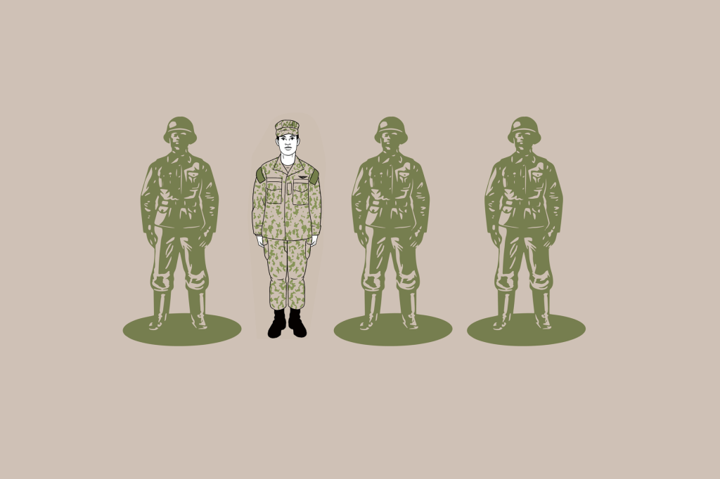 An illustration of a person in a military uniform stands in a line of toy soldiers.