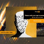 A digital collage illustrating age verification on adult websites. In the center, a faceless silhouette has its features pixelated into a grid of squares. Overlaid are pop-up style boxes from Pornhub with messages such as “Please verify your age to access Pornhub” and “I am 18 or older – Enter.” The background glows with streaks of light, creating a distorted, abstract effect.