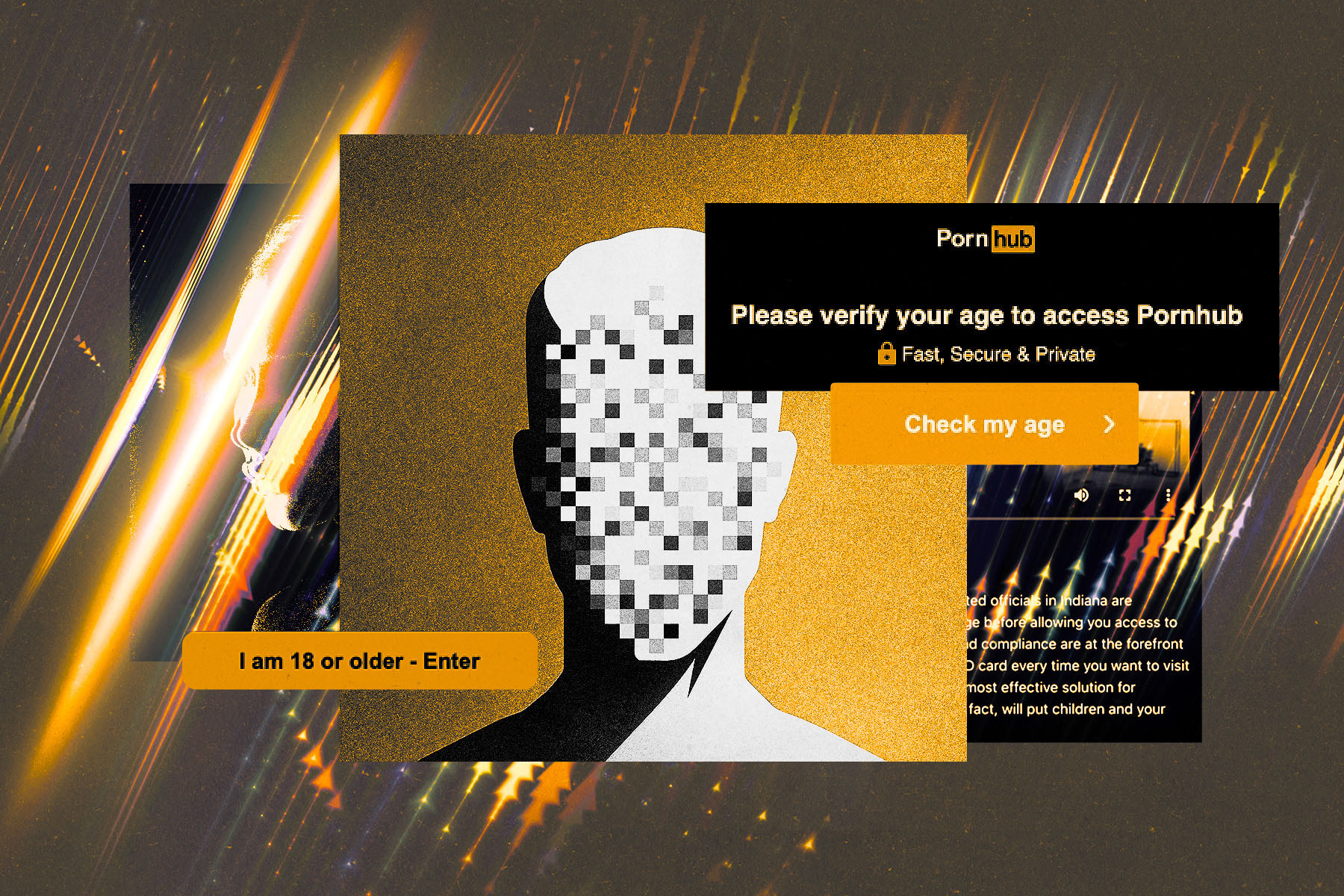 A digital collage illustrating age verification on adult websites. In the center, a faceless silhouette has its features pixelated into a grid of squares. Overlaid are pop-up style boxes from Pornhub with messages such as “Please verify your age to access Pornhub” and “I am 18 or older – Enter.” The background glows with streaks of light, creating a distorted, abstract effect.