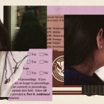 A collage combining multiple partial portraits: a woman’s dark hair seen from the back, another woman in profile with a small stud earring, and a close-up of layered necklaces including a cross. Surrounding these images are torn paper fragments of U visa documents, checkboxes, and text listing criminal charges.