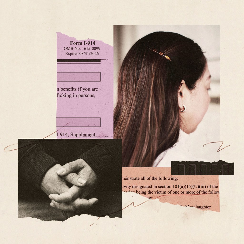 A collage featuring a woman seen from behind, her brown hair clipped back with a barrette, her face turned away. Below, a black-and-white image shows clasped hands resting in a lap. Torn paper fragments of U visa application forms in pink and beige frame the images.