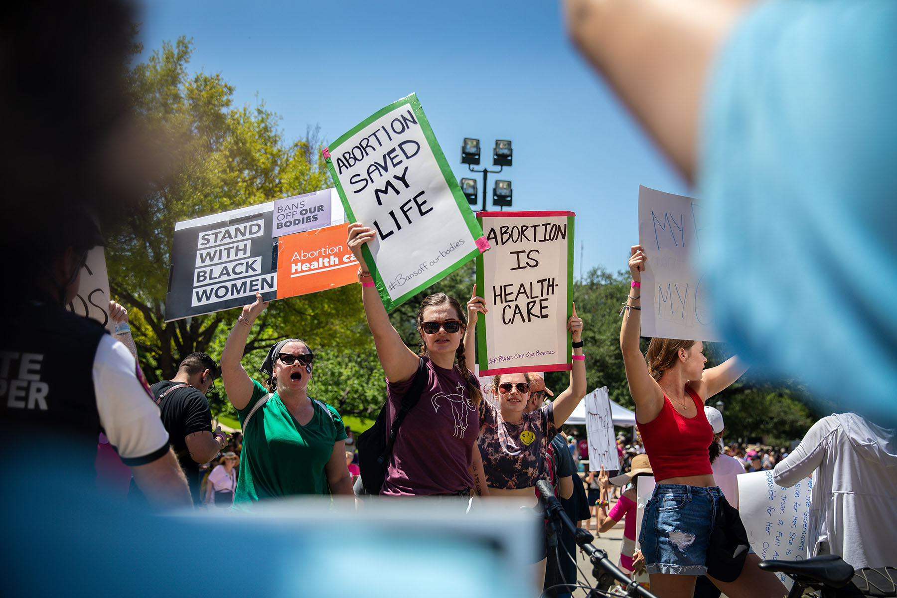 Abortion-rights supporters protest at a rally for reproductive rights at the Texas Capitol.
