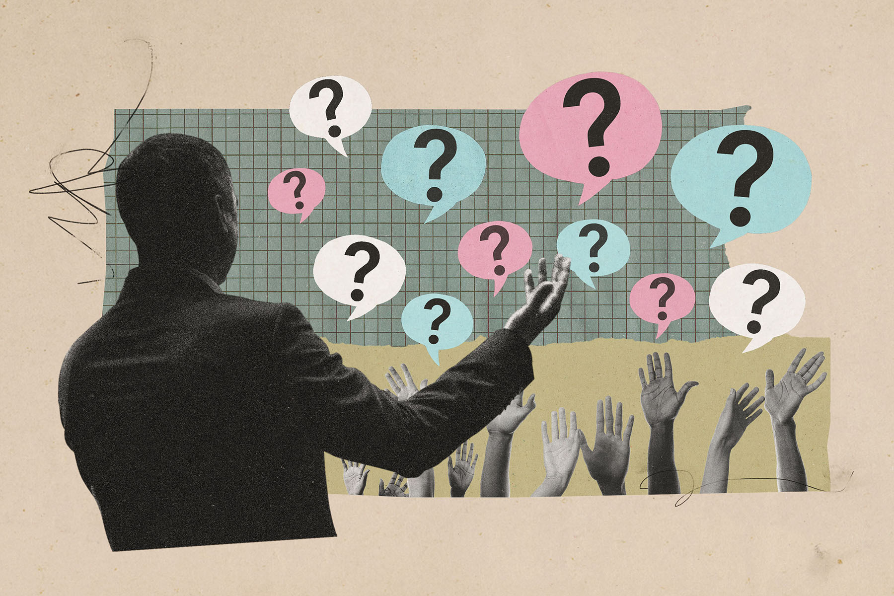 Collage of a man in a suit gesturing toward raised hands, with colorful speech bubbles containing question marks floating above them.