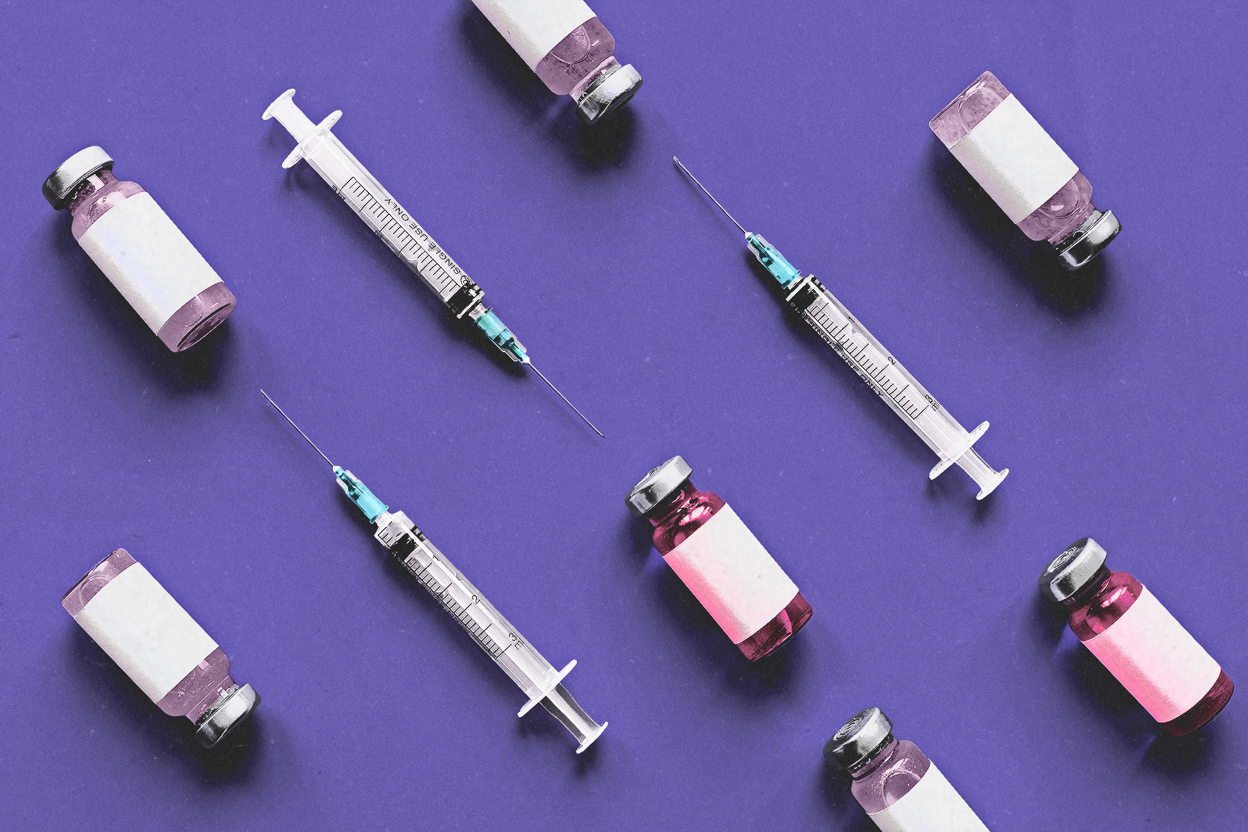 Illustrative collage of needles and vaccine bottles on purple background.