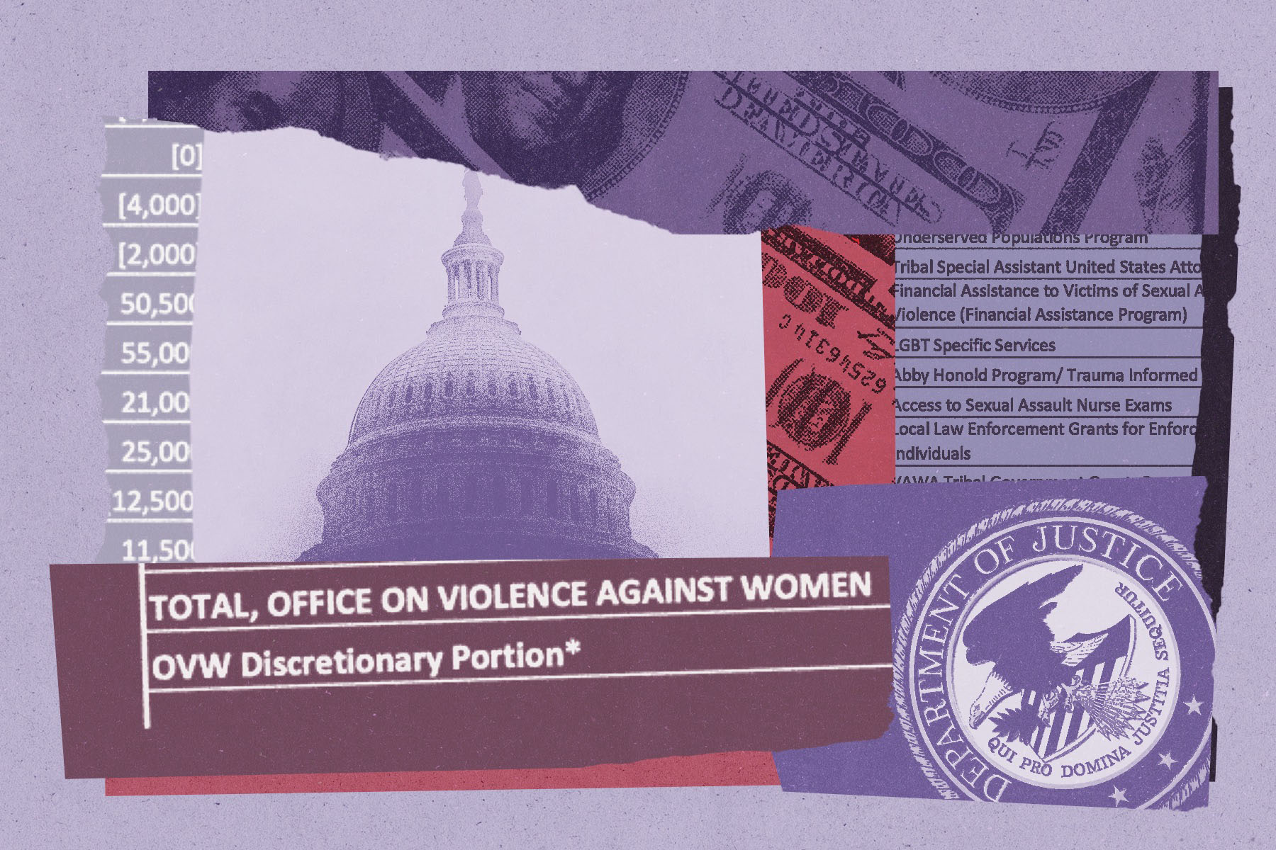 A collage featuring the Capitol, U.S. currency, and a Department of Justice seal layered with text reading “Total, Office on Violence Against Women” and “OVW Discretionary Portion.”