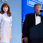 Dyptich photos of Dylan Mulvaney posing in a pale blue shirt and floral dress, and President Donald Trump speaking at a podium in a tuxedo.