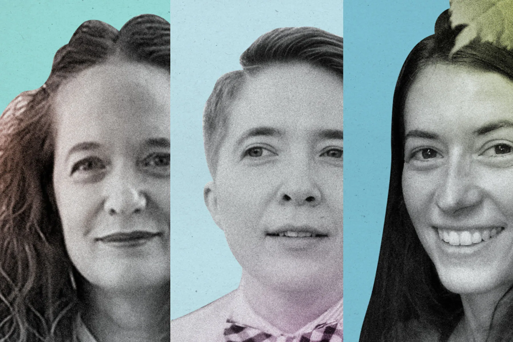 A collage of three black and white portraits set against blue backgrounds.