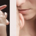 A split image shows a baby’s hand almost grasping a woman’s finger beside a close-up of a woman holding a baby near her face.