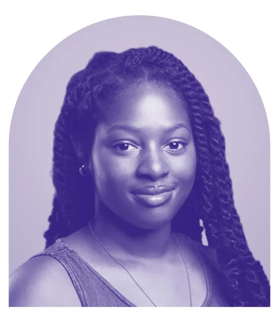 A purple-toned headshot image of Afia Barrie.