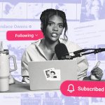 A collage illustration showing Owens in front of a laptop and mic with the words subscribed and following around her.