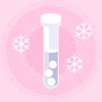 An illustration of a test tube filled with liquid and round white balls. Background is pink with three snowflakes around the test tube.