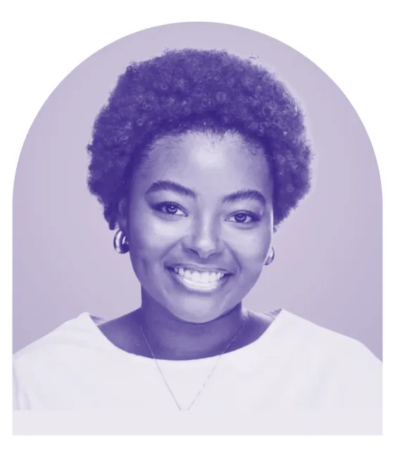 A purple-toned headshot image of India Rice.