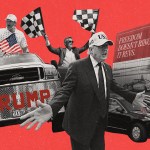 Collage showing Donald Trump in front of a presidential limousine, a Trump-branded pickup truck, a man waving a checkered flag, and an IndyCar display, all set against a textured red background.
