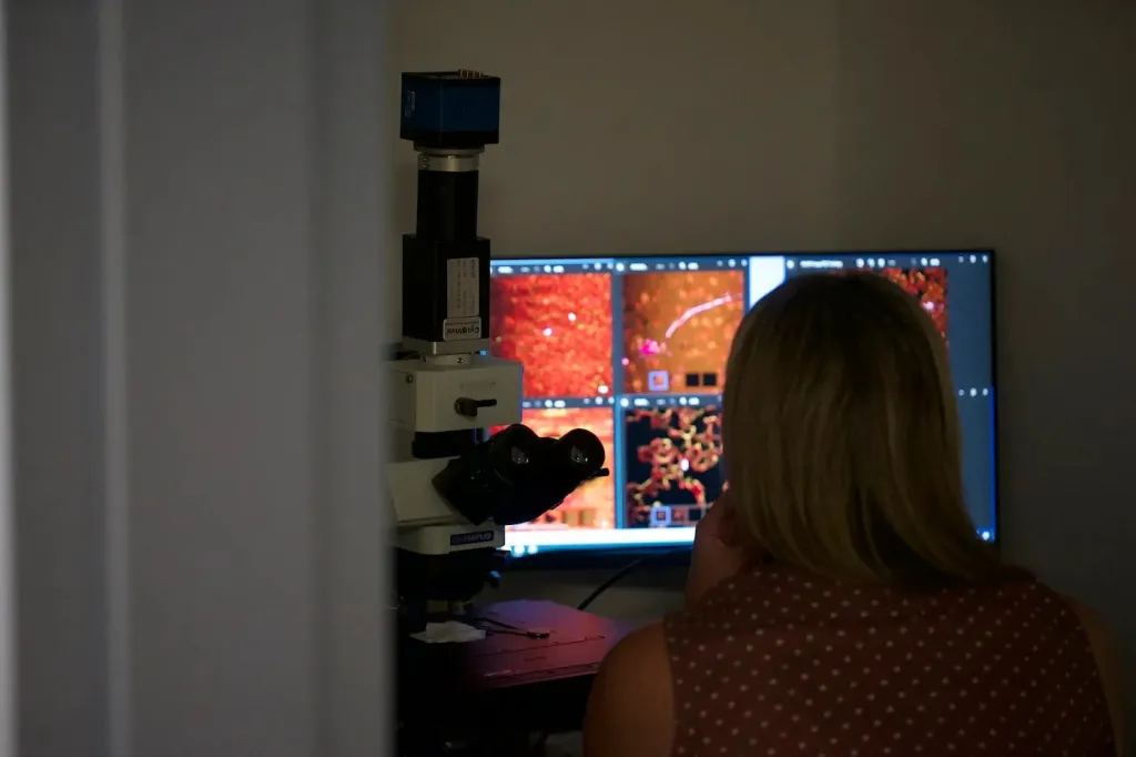 Stapleton looks at images of microplastics in tissue samples on a computer screen.