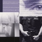 Purple-toned collage featuring a police badge, surveillance footage, a close-up of an eye, a police officer wearing a body camera and excerpts from Colorado law.
