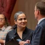 California state Sen. Aisha Wahab stands with a colleague at the state legislature in Sacramento on June 15, 2026.