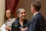 California state Sen. Aisha Wahab stands with a colleague at the state legislature in Sacramento on June 15, 2026.