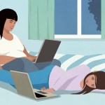 Illustration of a woman working at laptop next to her daughter laying near a laptop on bed.