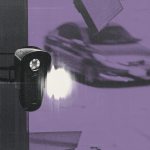 A photo illustration of a car passing by a surveillance camera on a light pole.