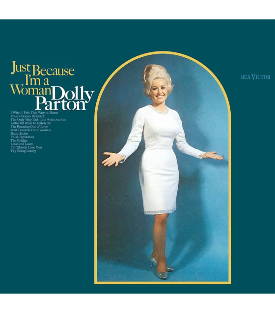 Album cover for Just Because I’m a Woman, featuring Dolly in a white dress on a blue background.
