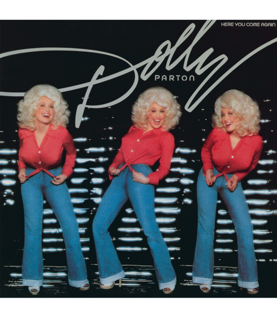Album cover for Here you Come again, featuring Dolly Parton in triplicate laughing and dancing in a red top and jeans