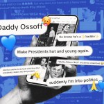 A blue-toned collage of social media posts, memes and photos centered on a hand holding a phone displaying black-and-white images of Jon Ossoff. Overlaid comments include “Daddy Ossoff,” “He knows he’s a ✨baddie✨,” “Make Presidents hot and young again,” and “suddenly I’m into politics,” alongside heart and sweating-face emojis.